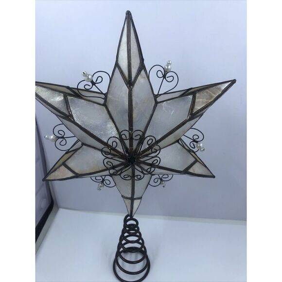 Capiz Shell Star Bronze Metal Filigree Hearts & Pearls Tree Topper 10-1/2" - Picture 10 of 14